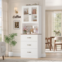 70.9" Tall 3-in-1 Kitchen Pantry, Top Glass Display Cabinet, Middle Coffee Station With Hole, Bottom 3 Large Drawers by Latitude Run