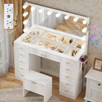 Makeup Vanity With Mirror And Lights, Vanity Table With Bluetooth Speaker And 11 Drawers, White by Wrought Studio