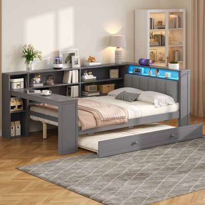 Daybed With Shelves, Trundle, Charging Station, Led, Desk And Upholstered Headboard by Wrought Studio