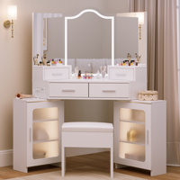 Tri-fold Makeup Vanity Desk With Led Mirror And Outlets, Fluted Dressing Table With 4 Drawers And 2 Storage Cabinets by Latitude Run