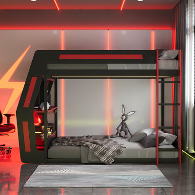 Full-Size Gaming Bunk Bed with Side-Mounted Oversized RGB Desk, USB Charging Ports & Cable Grommet, LED Light Strip by Wrought Studio
