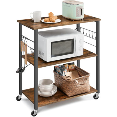 Kitchen Shelf On Wheels Serving Cart With 3 Kitchen Cart Microwave Shelf For Mini Oven Toaster With 6 Hooks Industrial Style Rustic UKKS60XV1 by Trent Austin Design