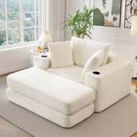 52" Oversized Chaise Lounge Chair Indoor, Corduroy Upholstered Boneless Sofa Bed with Cup Holder and Pillows by Latitude Run