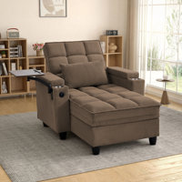 Convertible Chaise Lounge Chair Single Sleeper with USB&Type-C, 2 Cup Holders, Side Table, Under-seat Storage&Storage Armrests by Latitude Run
