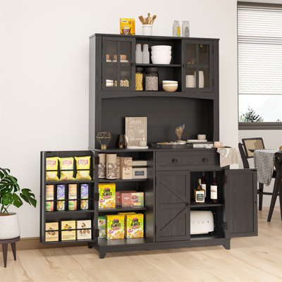 67" Large Kitchen Pantry With Microwave Shelf Snack Storage Cabinet, Wine Cabinet, Adjustable Internal Shelf by August Grove
