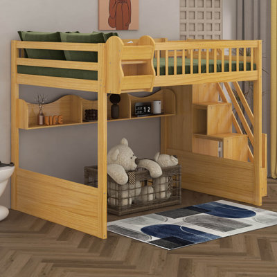 Queen Size Wooden Loft Bed With Staircase And Wardrobe, Bunk Bed With Under-Bed Space And Storage Open Shelves by Latitude Run