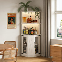 Spacious Corner Bar Cabinet with Power Outlet, Adjustable Shelves, and Glass Rack for Farmhouse Elegance in Any Room