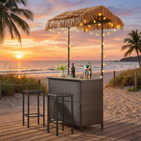 Outdoor Tiki Bar Set, Phuket 3-Piece Wicker Island Bar With Canopy, Patio Bar Table With 2 Stools by Bay Isle Home