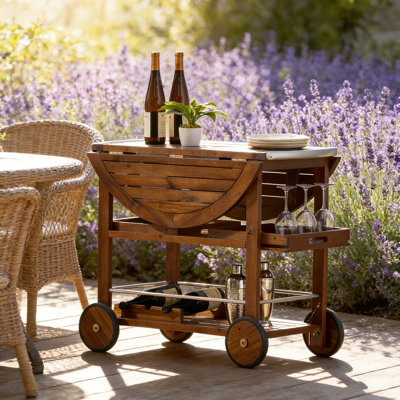 Outdoor Drop-Leaf Bar Cart with Wine Storage, Removable Trays, and Locking Wheels for Effortless Entertaining. by Red Barrel Studio