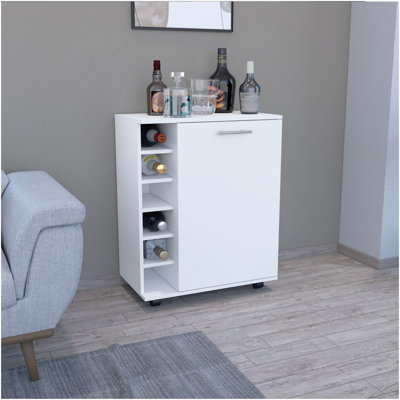 Bar -Coffee Cart 32" H, Kitchen Or Living Room Cabinet Storage With 4 Wheels, With 6 Bottle Racks, A Central Shelf Covered By 1 Door, Ideal For Storin by Latitude Run