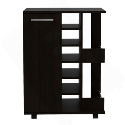 Bar Cart, Two External Shelves, Four Casters, Six Built-In Wine Rack, Single Door Cabinet -Black by Latitude Run