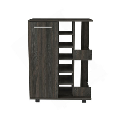 Bar Cart, Two External Shelves, Four Casters, Six Built-In Wine Rack, Single Door Cabinet -Black by Latitude Run
