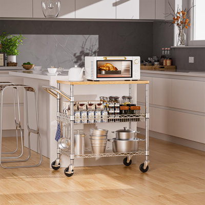 3-Tier 650Lbs Rolling Kitchen Cart with Wood Tabletop & 8 Hooks by Trent Austin Design