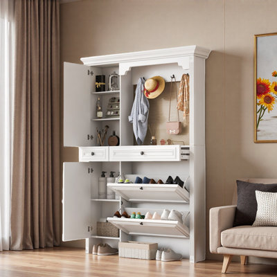 4-in-1 Hall Tree With Integrated Shoe Cabinet And Mirrored Cabinet Door, Coat Hanger, Entryway Bench, 2 Flip Drawers, 4 Hooks And 2 Cabinets by Red Barrel Studio