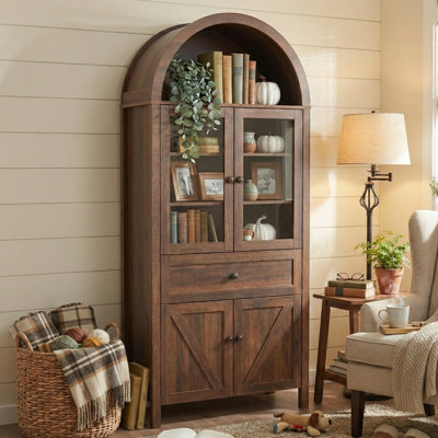 72" Arched Top Display Cabinet With Glass Doors, Vintage Freestanding Bookshelf With Drawer & Storage (Black / Natural / Walnut) by Red Barrel Studio