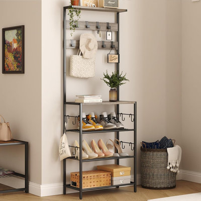 Freestanding Hall Tree Organizer With 5-Tier Shoe Storage And 9 Hooks For Coats – Grey by 17 Stories