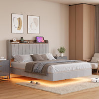 Full/Queen/King Size Floating Bed Frame w/ Lights and Storage Headboard, Full/Queen/King Upholstered Metal Platform Bed with Charging Station by Ebern Designs