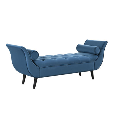 Upholstered Velvet Bench, End of Bed Bench with 2 Pillows, Upholstered Button Tufted Ottoman,Footstool with Rolled Arms, Foot Rest with Solid Wood Leg by Mercer41
