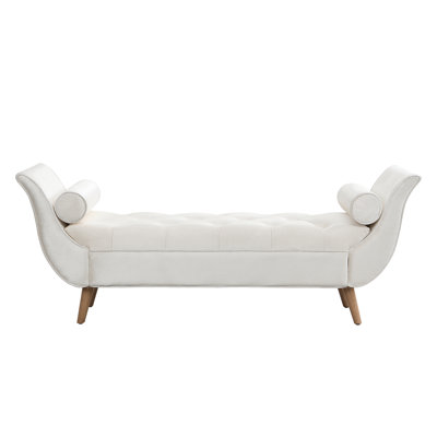 Upholstered Velvet Bench, End of Bed Bench with 2 Pillows, Upholstered Button Tufted Ottoman,Footstool with Rolled Arms, Foot Rest with Solid Wood Leg by Mercer41