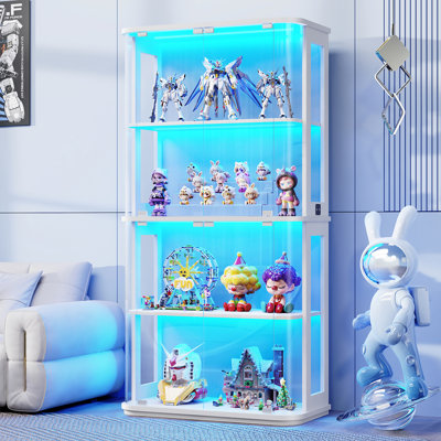 65" Rounded Curio Cabinet With Glass Door, 4-tier Curio Cabinet With Transparent Full-display Surface, Glass Display Case With 3 Color Lights For Coll by Wrought Studio