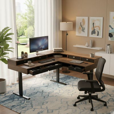 65.5" × 57.6" L-Shaped Electric Standing Desk With 6 Storage Drawers, Dual-Level Corner Sit-Stand Desk, Power Strip Tray & Cable Management, Height Ad by Inbox Zero