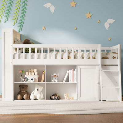 Queen Loft Bed with Storage Shelves, LED Light Headboard, Space-Saving Modern Loft Bed with Ladder and Guardrails, Natural by Ebern Designs
