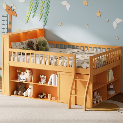 Queen Loft Bed with Storage Shelves, LED Light Headboard, Space-Saving Modern Loft Bed with Ladder and Guardrails, Natural by Ebern Designs