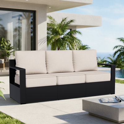 Modern Outdoor Aluminum Patio 3-Seater Sofa with Durable All-weather Thick Beige Cushions by Wrought Studio