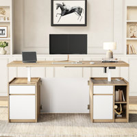 71"W - Electric Height Adjustable Standing Desk Modern Executive Office Desk With Privacy Panel, Charging Station, 3 Drawers, Adjustable Shelves And A by Latitude Run