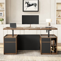 71"W - Electric Height Adjustable Standing Desk Modern Executive Office Desk With Privacy Panel, Charging Station, 3 Drawers, Adjustable Shelves And A by Latitude Run