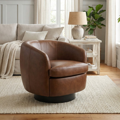 Upholstered Black Faux Leather Swivel Barrel Chair Recessed Arms With Solid Wood Base by Lark Manor