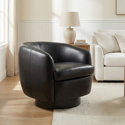 Upholstered Black Faux Leather Swivel Barrel Chair Recessed Arms With Solid Wood Base by Lark Manor