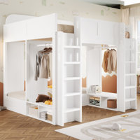 Triple Bunk Loft Bed with Storage Shelves & Hooks, Twin + Twin over Twin XL, Space-Saving Kids Bed,Gray by Latitude Run