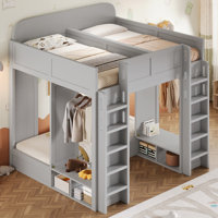 Triple Bunk Loft Bed with Storage Shelves & Hooks, Twin + Twin over Twin XL, Space-Saving Kids Bed,Gray by Latitude Run