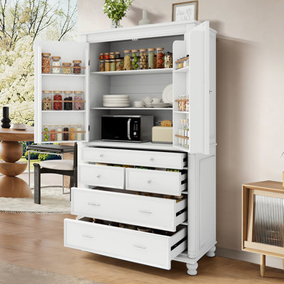 77.3" Tall Freestanding Kitchen Pantry Cabinet with 5 Drawers, 6 Door Shelves, Adjustable Shelves and Large Countertop by August Grove