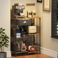 Farmhouse Small Coffee Bar With Drawer, 5-layer Staggered Coffee Stand Station For Small Space, Rustic Bar Cabinet For Kitchen, Buffet Sideboard Cabi