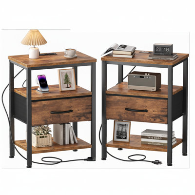 Nightstand with Built-in Charging Station, Bedside Table with Adjustable Fabric Drawer and 3-Tier Storage End Table