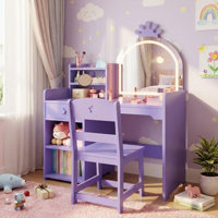 Kids Vanity Desk with Mirror and Lights, Makeup Vanity Table with Chair, Drawer & Open Storage Shelves, Toddler Dressing Table Gift for Little Girls by Wrought Studio