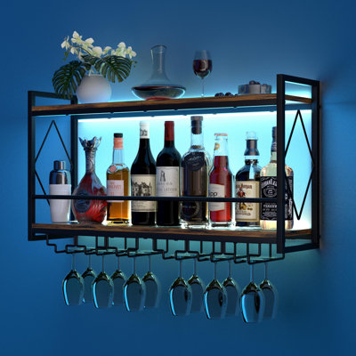 Wall Mounted Wine Rack With LED Light, 31.5" Bar Liquor Shelves With Glass Holder, Metal Hanging Bar Shelves Wine Storage Rack Display For Kitchen Hom by Trent Austin Design