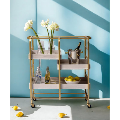 Serving Cart With 3 Wooden Trays On Metal Open Frame Adjustable In & Washed Finish by Mercer41