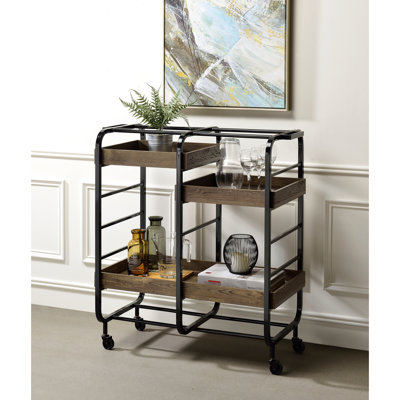 Serving Cart With 3 Wooden Trays On Metal Open Frame Adjustable In & Washed Finish by Mercer41