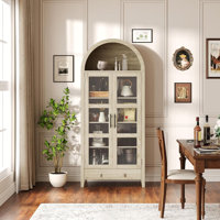 Farmhouse Arched Cabinet with Glass Doors, Wood Display Cabinet with Drawer and Adjustable Shelves, 71” Tall Bookshelf Modern China Storage Kitchen Pa by Ebern Designs