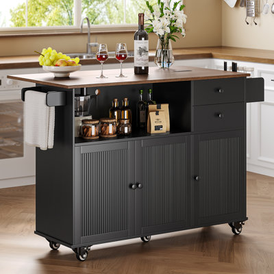 Rolling Kitchen Island With Drop-leaf Table And Locking Wheels, Combination Storage Drawers And Cabinet, Space-saving Center For Small Kitchens, Minim