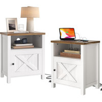 Farmhouse Nightstand Side Table With Electrical Outlets Charging Station,Bedside Table With Open Shelf And Barn Door Storage For Bedroom Room,2 Pack by August Grove