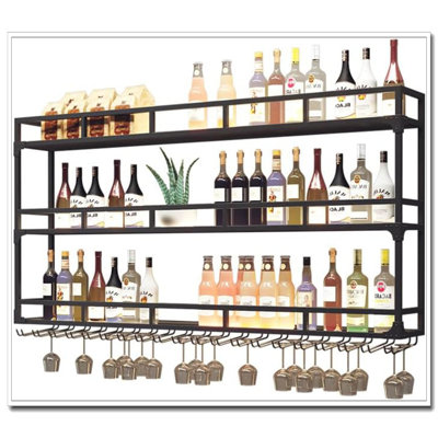 59In Heavy Duty 3 Tier LED Wall Mounted Wine Rack With Glass Holder Metal Floating Shelf For Home Bar by Trent Austin Design