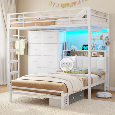Twin Over Twin Bunk Bed With 8 Storage Drawers, Charging Station And Led Lights, L-shaped Metal Bunk Beds With Storage Headboard, Modern Twin Loft Bed by Latitude Run