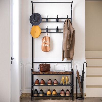 Entryway Hall Tree in Retro Brown - Freestanding Coat Rack with Shoe Storage Bench. 3-Tier Shelf. Hanging Rod and 8 Adjustable Hooks for Entry Area. by Trent Austin Design