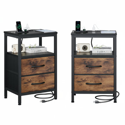 Nightstand with Charging Station and 2 Fabric Drawers, Bedside Table with USB Ports and Outlets, End Table with Open Shelf by Wrought Studio