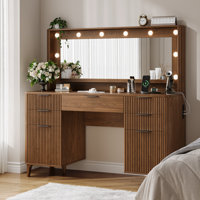 Fluted Makeup Vanity Desk With Large 39.3" Mirror And Lights by Mercer41