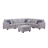 Cooper 125" Linen 7Pc Reversible L-Shape Sectionals Sofa with Ottoman and Cupholder by Latitude Run
